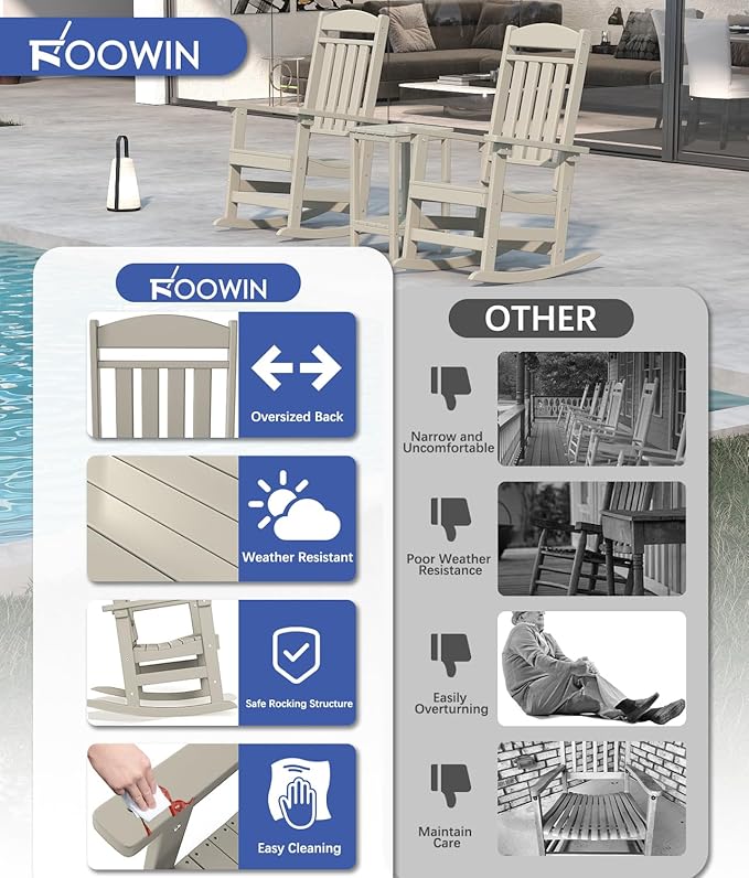 FOOWIN Outdoor Rocking Chair, High Back Patio Rocking Chair, HDPE All Weather Resistant Porch Rocker for Adult, Oversized Rocking Chairs for Garden, Lawn, Indoor & Outdoor Use, Sand