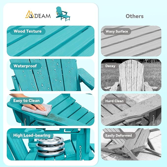 Mdeam 3-Level Adjustable Adirondack Chair with Retractable Ottoman, HDPE All-Weather Folding Fire Pit Chair with 2 Cup Holders, Outdoor Chair for Deck Patio Garden Backyard Lawn (Aruba Blue)