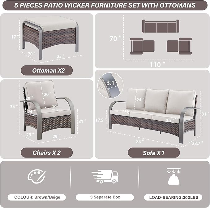Belord 5 Piece Outdoor Wicker Furniture Set, High Back Deep Seating Patio Sofa Set with Metal Armrests Rattan Chairs - Photo 2