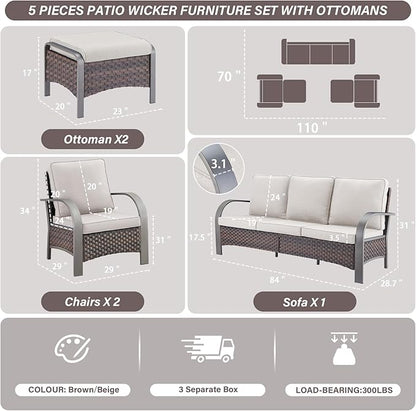 Belord 5 Piece Outdoor Wicker Furniture Set, High Back Deep Seating Patio Sofa Set with Metal Armrests Rattan Chairs, and Ottomans for Porch Deck Sunroom Backyard