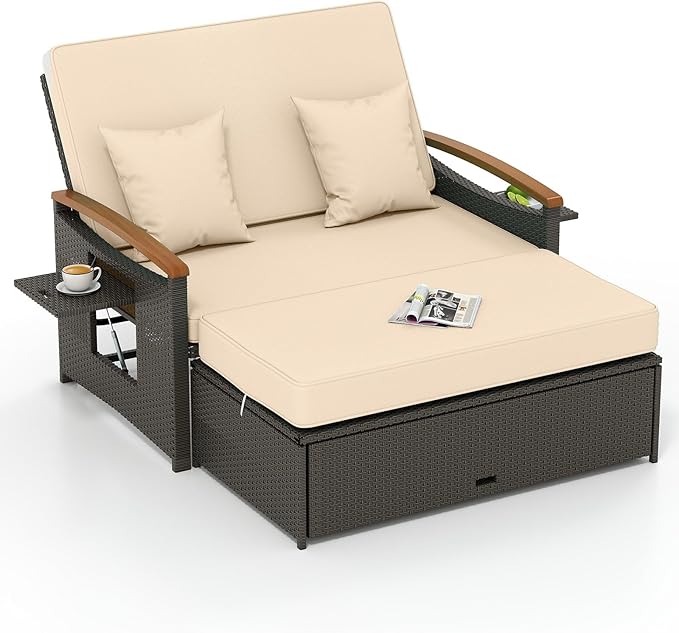 Tangkula Patio Rattan Daybed with 4-Level Adjustable Backrest, Outdoor Wicker Loveseat with Acacia Wood Armrest - Photo 1