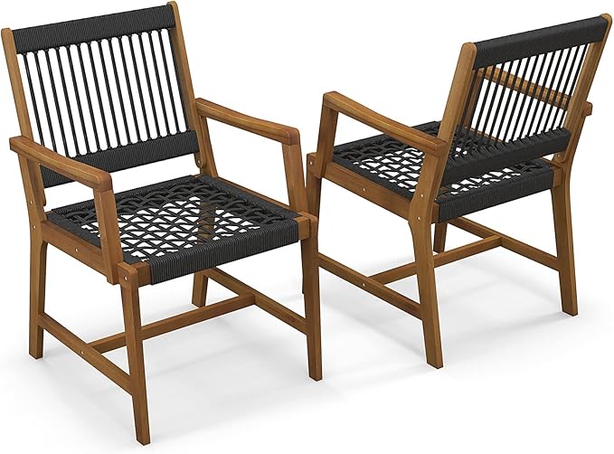 Tangkula Outdoor Acacia Wood Dining Chairs Set of 2, All-Weather Rope Woven Patio Chairs with Armrests - Photo 9