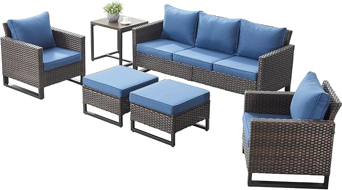 Rilyson Wicker Outdoor Patio Furniture Set - 6 Piece Patio Conversation Set with 2 Armrest Chairs, 2 Rattan Ottoman - Photo 2