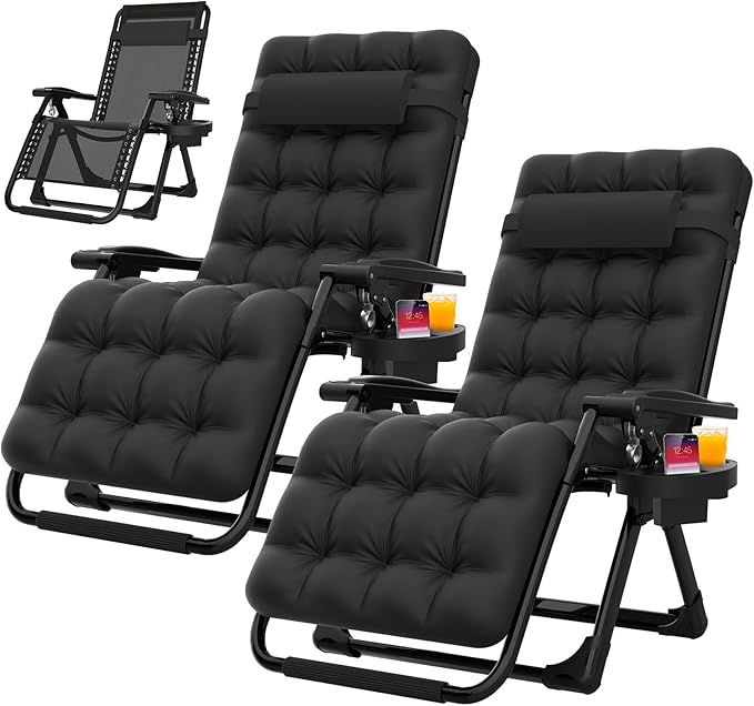 Suteck Zero Gravity Chair Set of 2, Reclining Camping Lounge Chair w/Removable Cushion, Upgraded Lock and Cup Holder - Photo 1