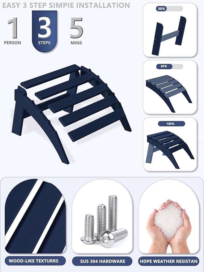 Plawdlik Folding Ottoman for Adirondack Chair–HDPE All-Weather Footrest for Outdoor Use, Garden & Poolside– Anti-Cracking, Fade-Resistant, Easy Assembly–Navy
