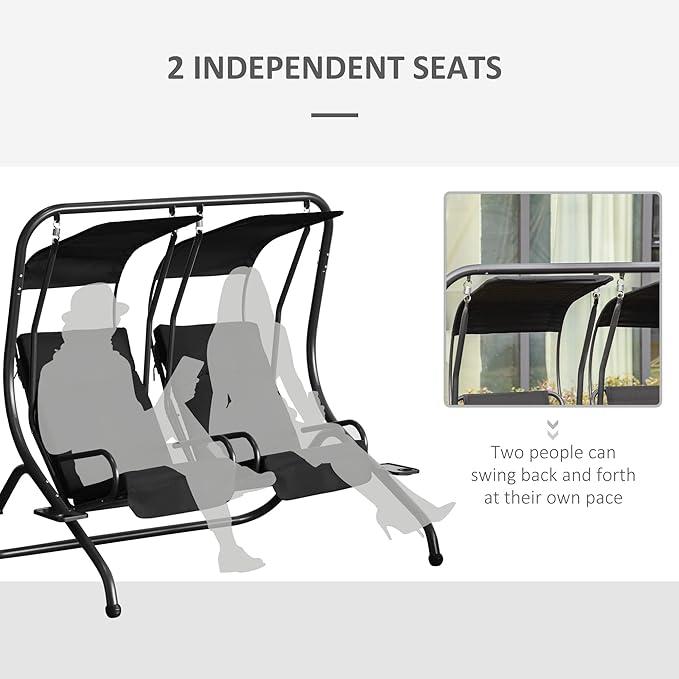 Outsunny Patio Swing Chair with 2 Separate Seats, Outdoor Swing Glider with Removable Canopy and Cup Holders, for Porch - Photo 3
