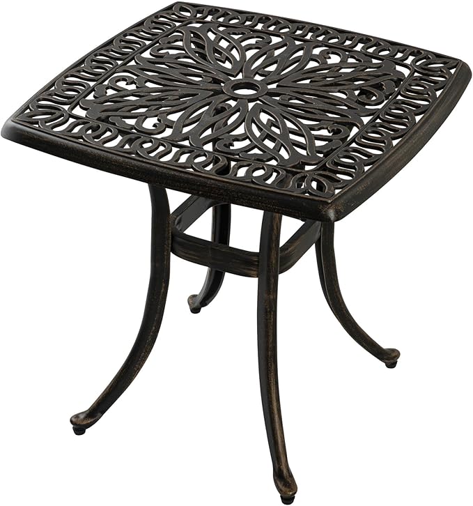 Outdoor Cast Aluminum Side Table End Table for Patio, Backyard, Pool, Indoor Companion, Easy Maintenance and Weather Resistant, Bronze