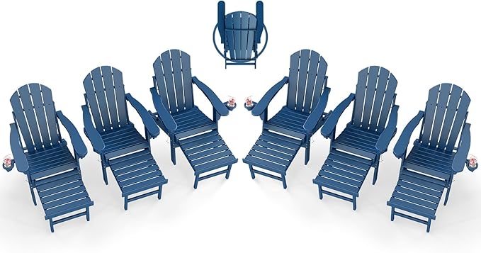 BRIOPAWS Adirondack-Chairs-with-Pull-Out-Footrest | Set of 6 | Folding | HDPE Plastic | Fire Pit Chair | All Weather | Cup Holders | Curved Back | Retractable Ottoman | for Poolside Deck | Blue