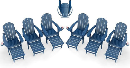 BRIOPAWS Adirondack-Chairs-with-Pull-Out-Footrest | Set of 6 | Folding | HDPE Plastic | Fire Pit Chair | All Weather | Cup Holders | Curved Back | Retractable Ottoman | for Poolside Deck | Blue