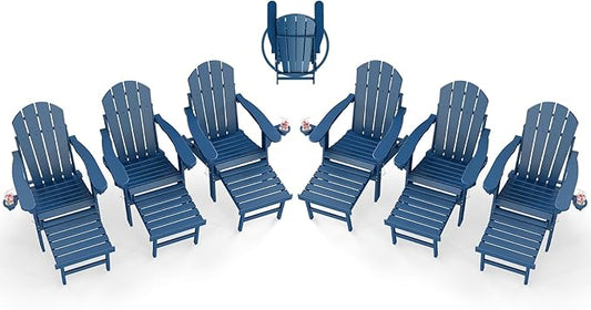 BRIOPAWS Adirondack-Chairs-with-Pull-Out-Footrest | Set of 6 | Folding | HDPE Plastic | Fire Pit Chair | All Weather | Cup Holders | Curved Back | Retractable Ottoman | for Poolside Deck | Blue