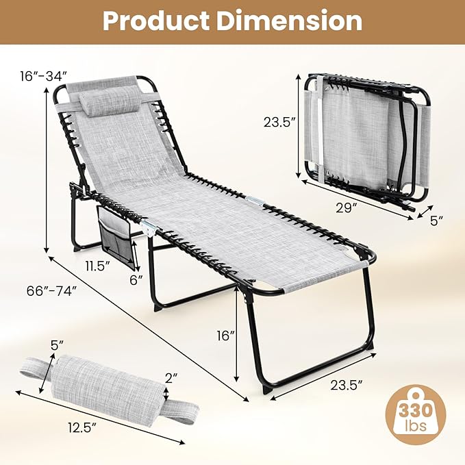 GYMAX Lounge Chairs for Outside, Extra High Folding Beach Tanning Lounger with Adjustable Backrest - Photo 3