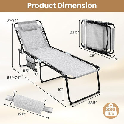 GYMAX Lounge Chairs for Outside, Extra High Folding Beach Tanning Lounger with Adjustable Backrest, Footrest & Removable Pillow, Sunbathing Lounge for Patio, Poolside (1, Grey with Pocket)