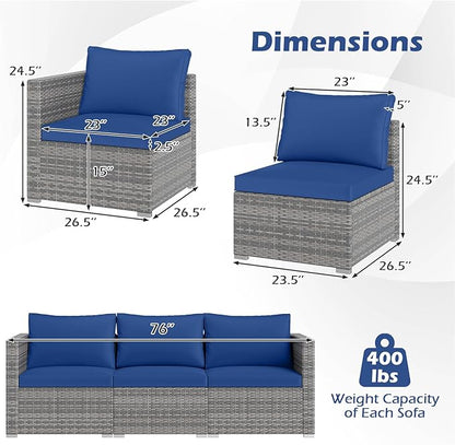 Tangkula 3 Seat Outdoor Wicker Sofa Set, Modular PE Rattan Patio Cushioned Sectional Couch Set, Outside Furniture Set for Deck, Backyard, Porch, Garden & Poolside (Navy)
