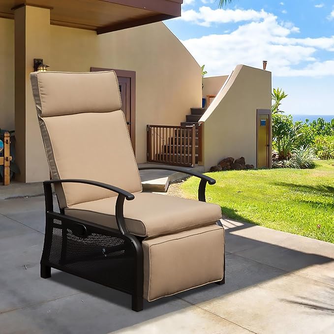Domi Adjustable Patio Recliner Chair Metal Outdoor Lounge Chair with Flip Table Push Back, Adjustable Angle - Photo 1