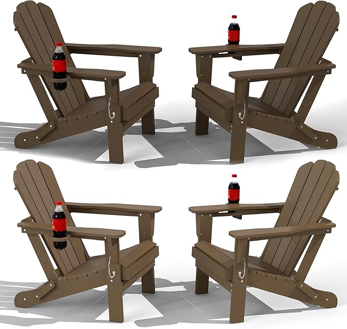 Domi Folding Adirondack Chair Set of 4, HDPE All-Weather Adirondack Chairs with Cup Holder, Outdoor Plastic Fire Pit Chairs Wood Texture for Poolside, Patio, Backyard, Deck (Khaki)