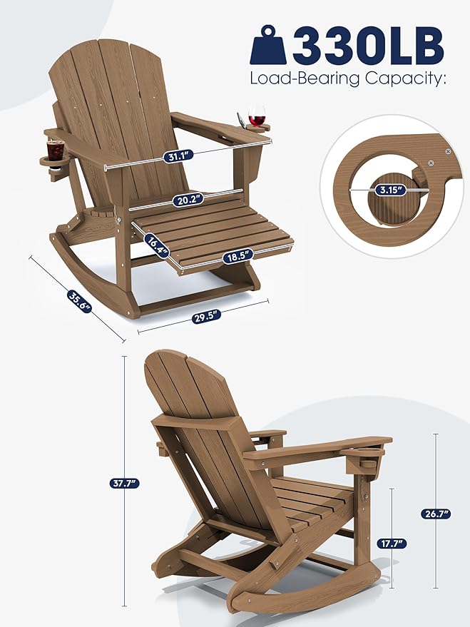 KINGYES Adirondack Rocking Chair with Retractable Ottoman and Cup Holders - Photo 2