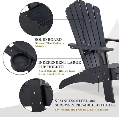 Psilvam Adirondack Chair, Oversized Poly Lumber Fire Pit Chair with Cup Holder, 350Lbs Support Patio Chairs for Garden, Weather Resistant Outdoors Seating, Relaxing Gift for Father & Mother (2, Black)