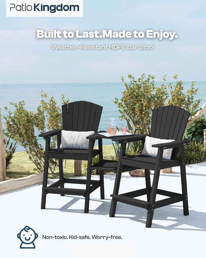 Black HDPE Tall Adirondack Chair Set of 2 with Beige 11FT Cantilever Umbrella, All-Weather Outdoor Bar Height Chairs with Trays & Umbrella Hole for Balcony