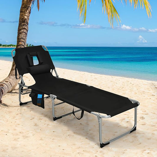 COSTWAY Folding Beach Lounge Chair, Tanning Chair with Face Hole, 5-Position Adjustable Backrest, Pillow & Side Pocket, Foldable Chaise Lounge Chair Outdoor for Sunbathing, Camping (2, Black)