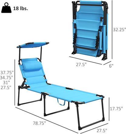 Outsunny Outdoor Lounge Chair, Adjustable Backrest Folding Chaise Lounge, Cushioned Tanning Chair with Sunshade Roof & Pillow Headrest for Beach, Camping, Hiking, Light Blue