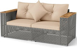 Tangkula 62.5" Large Patio Wicker Loveseat with Acacia Wood Armrests & Cup Holders - Photo 9
