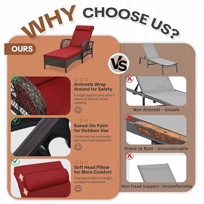 HOMEDIARY 2-Piece Outdoor Wicker Lounge Chairs with Cushion, Rattan Patio Chaise Loungers with 6-Level Backrest, All Weather Lay Flat Pool Sunbathing Recliner Chair, Armrest and Head Pillow, Red