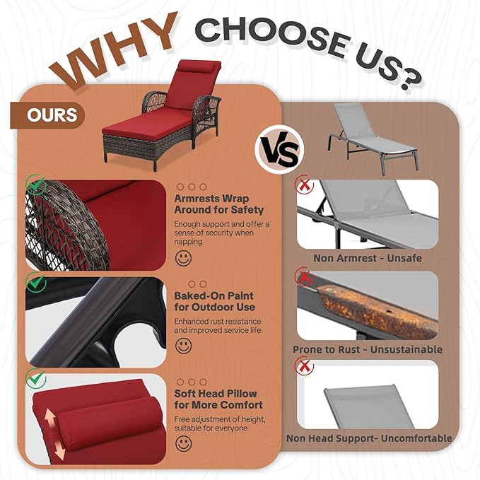 HOMEDIARY Outdoor Wicker Lounge Chair with Cushion, 6-Position Adjustable Patio Chaise Lounge, All Weather Lay Flat Pool Sunbathing Recliner Chair, Armrest and Head Pillow, Fade-Resistant, Red