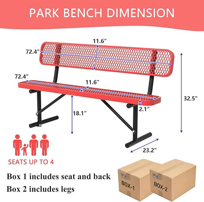 6 Ft Metal Park Bench for Outside, All-Weather Thermoplastic Coating Outdoor Bench with Backrest, Commercial Heavy Duty Benches for Shopping Malls, Stores, Parks, Patios, Decks, Red