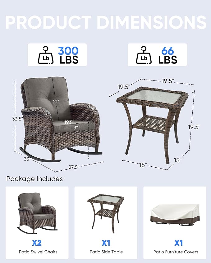 Outdoor Rocking Chairs Set of 2-Patio Table and Chairs Set Outdoor Conversation Furniture Sets for Deck Porch Garden Balcony Poolside-Brown/Grey