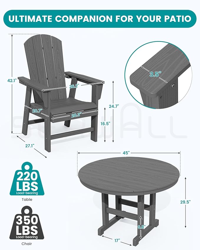 SERWALL Outdoor Adirondack Dining Chair Set of 2, All Weather HDPE Patio Chairs, Grey