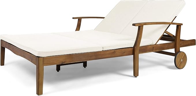 Great Deal Furniture Samantha Double Chaise Lounge for Yard and Patio, Acacia Wood Frame - Photo 1