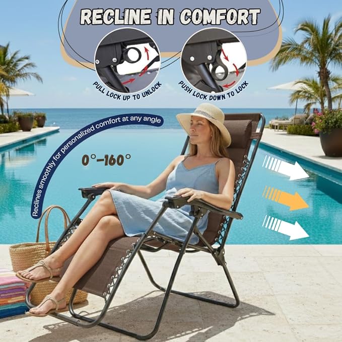 EZONE Zero Gravity Lounge Chairs Outdoor Adjustable Reclining Patio Chair Steel Mesh Folding Recliner for Pool Beach Camping Lounge Chair with Pillows and Cup Tray (2, Brown)
