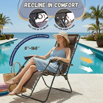 EZONE 1 - Chair Zero Gravity Lounge Chair Outdoor Adjustable Reclining Patio Chair Steel Mesh Folding Recliner for Pool Beach Camping Lounge Chair with Pillow and Cup Tray (1, Brown)