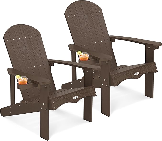 Y&M Adirondack Chair Set of 2, Dark Brown Fire Pit Chairs, Outdoor Patio Chairs with Cup Holder, Weather Resistant HDPE Wooden Textured Patio Chairs, Perfect for Garden, Lawn, Deck, or Poolside