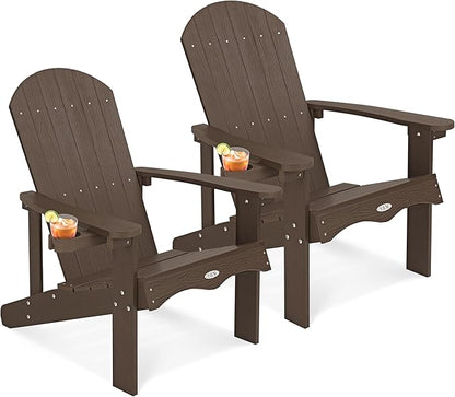 Y&M Adirondack Chair Set of 2, Dark Brown Fire Pit Chairs, Outdoor Patio Chairs with Cup Holder, Weather Resistant HDPE Wooden Textured Patio Chairs, Perfect for Garden, Lawn, Deck, or Poolside
