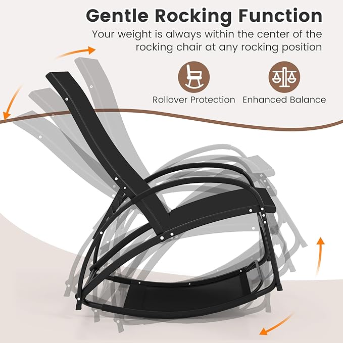 Tangkula Rocking Chair Outdoor, 2-in-1 Convertible Lounge Chair with 4-Level Adjustable Backrest, Heavy-Duty Aluminum Frame, Patio Sun Lounger Rocker for Porch, Poolside, Backyard, Garden (1, Black)