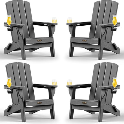 Folding Adirondack Chair 4 Pack, HDPE All-Weather Fire Pit Chairs, Plastic Adirondack Chairs with 2 Cup Holder, Outdoor Lawn Chair for Patio Garden (Grey)