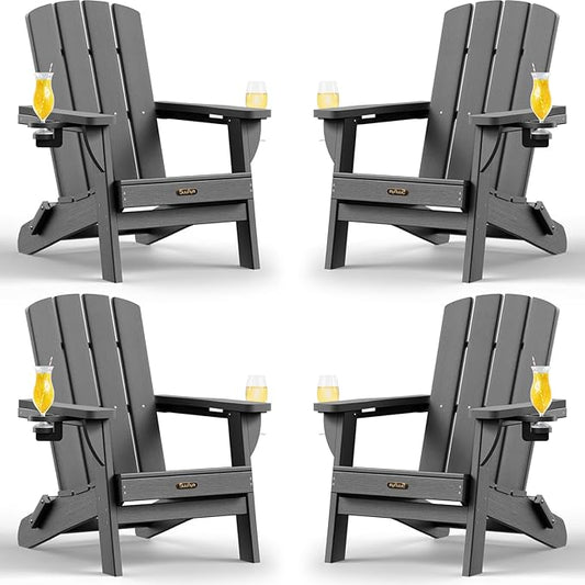 Folding Adirondack Chair 4 Pack, HDPE All-Weather Fire Pit Chairs, Plastic Adirondack Chairs with 2 Cup Holder, Outdoor Lawn Chair for Patio Garden (Grey)