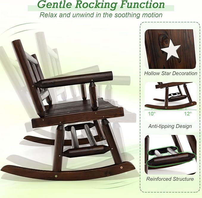 Giantex Outdoor Rocking Bench, Patio Loveseat Rocker for 2 w/Ergonomic Back & Log Arms, Carbonized Fir Wood Frame, Wooden Double Rocking Chair for Porch, Garden, 710 LB Capacity, Rustic Brown
