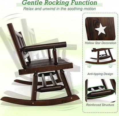 Giantex Outdoor Rocking Bench, Patio Loveseat Rocker for 2 w/Ergonomic Back & Log Arms, Carbonized Fir Wood Frame, Wooden Double Rocking Chair for Porch, Garden, 710 LB Capacity, Rustic Brown