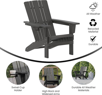 Flash Furniture Halifax Adirondack Chairs with Cup Holders, Weather Resistant Poly Resin Adirondack Chairs, Set of 4, Gray