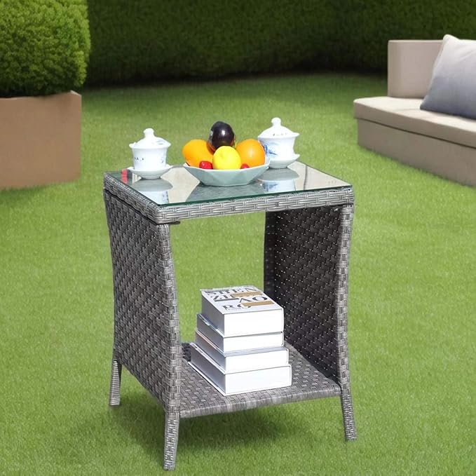 Rattan Side Table with Glass Top, Outdoor Wicker End Table for Patio, Porch, Garden, 19.25" Square, 21" Tall, 120 Lbs Capacity, Weather-Resistant PE Rattan, Easy Assembly