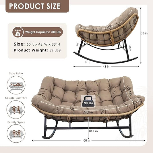 RADIATA Double Rocking Chair, Oversized Egg Rocking Chairs for 2 Person, Large Wide Papasan Loveseat with Cushion and Frame, Comfort Outdoor Furniture for Reading/Relaxing Patio Garden Backyard Brown