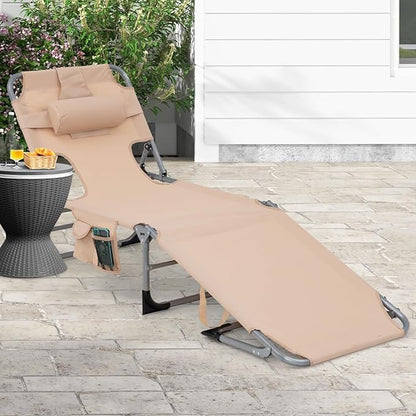 Goplus Tanning Chair, Folding Adjustable Patio Lounge Chair with Face Hole, Removable Pillow, 330LBS, Carry Strap, Outdoor Sunbathing Chair, Lightweight Portable Beach Lounge Chair, No Assembly