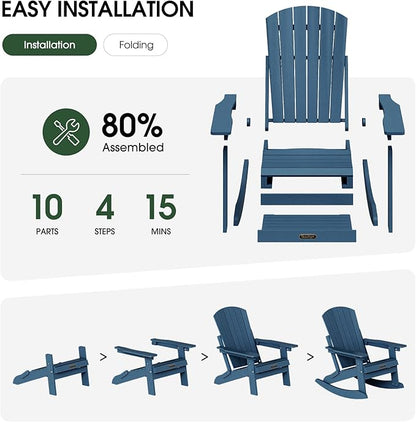Adirondack Rocking Chair with Retractable Ottoman, 4-in-1 Foldable Reclining Patio Chair, HDPE Wood-Look Outdoor Rocker for Porch, Garden & Poolside, Navy Blue