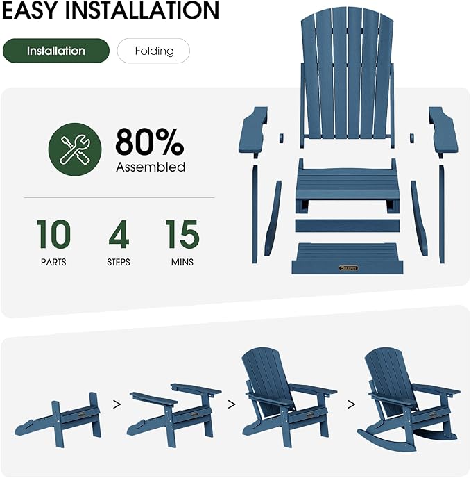 Adirondack Rocking Chair with Retractable Ottoman Set of 2, 4-in-1 Foldable Reclining Patio Chair, HDPE Wood-Look Outdoor Rocker for Porch, Garden & Poolside, Navy Blue