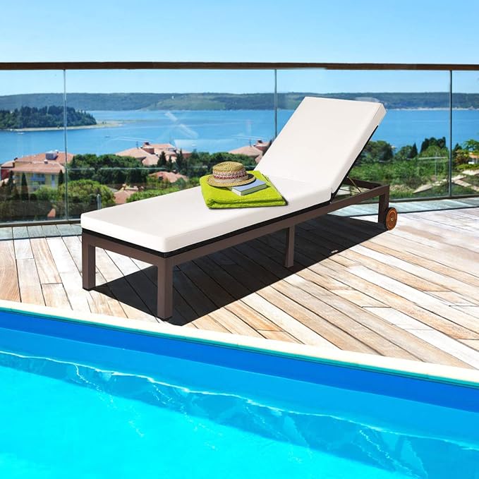 DORTALA Outdoor Pool Chaise Lounge Chair, Metal Rattan Lounger Recliner Chair W/Wheels - Photo 2
