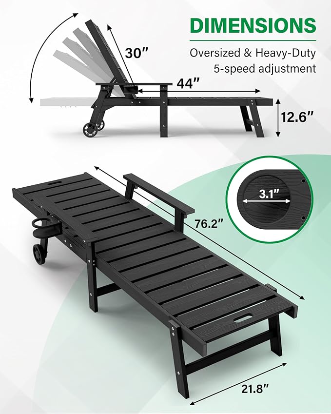 YEFU Lounge Chair Outdoor Set of 2: Outdoor Chaise Lounge with 5-Level Adjustable Backrest, Cup Holders & Wheels, All-Weather Resistance Chaise Lounge for Outside/Patio/Beach/Deck, Black