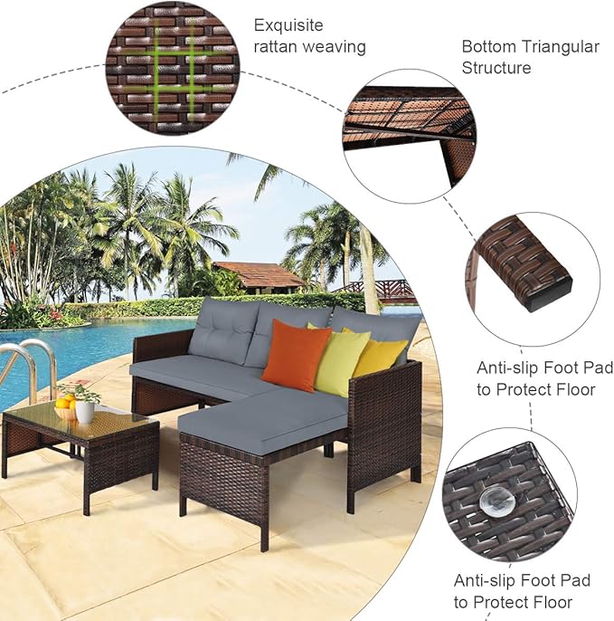 Tangkula Patio Corner Sofa Set 3 Piece, Outdoor Rattan Sofa Set, Includes Lounge Chaise, Loveseat & Coffee Table - Photo 8