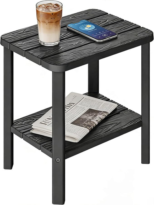 KAMABOKO Adirondack Outdoor Side Table, 2-Tier HDPE End Table 16" Weatherproof Square Storage Tables for Porch Patio Pool Backyard Lawn and Indoor, Black with Wood-Like Grain
